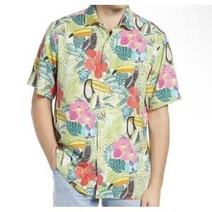 Tommy Bahama Shirt 100% Linen XXL Vanilla Ice Green Bloom TOUCAN Hawaiian Floral